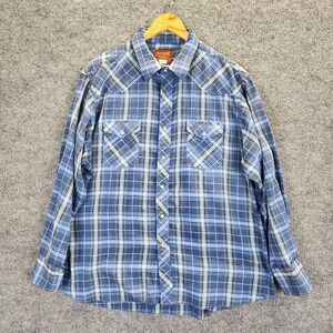 Vintage Rustler Shirt Mens 2XL Blue Plaid Western Pearl Snap X-Long Tails Cowboy